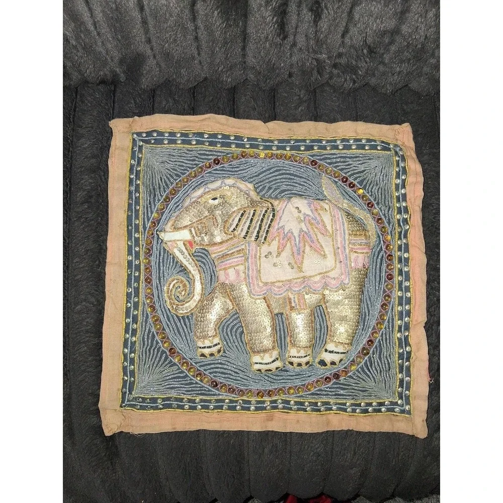 Vintage Handmade Thai Beaded Elephant Wall Hanging Textile 15